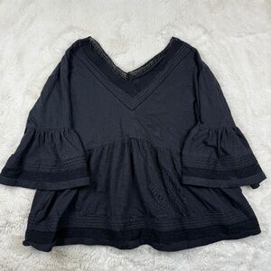 Anthropologie NWT Siobhan Babydoll Top Blouse Black Crochet V-Neck Women's Mediu